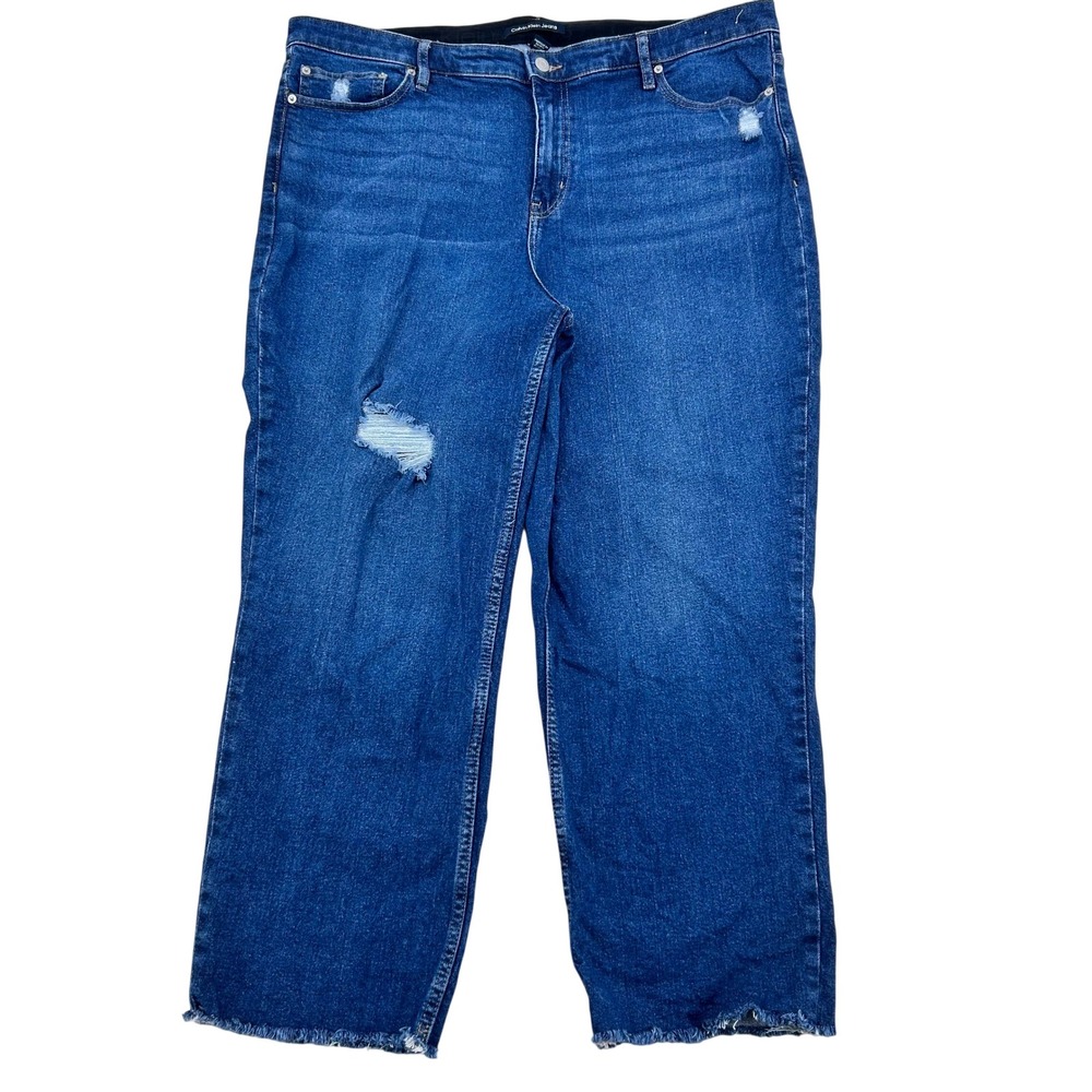 Calvin Klein Jeans Womens 20W Blue Distressed High Rise Straight Leg Denim